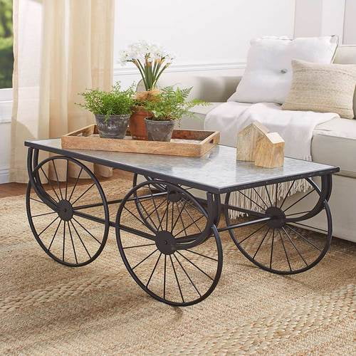 Wagon Wheel Coffee Table Galvanized Metal Farmhouse Rustic Furniture Home Decor 