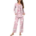 thumbnail image 4 of Puntoco Conjunto de pijama cómodo para mujer, conjunto de pijama informal con cuello en V y pantalones largos con estampado navideño para mujer, 4 of 5