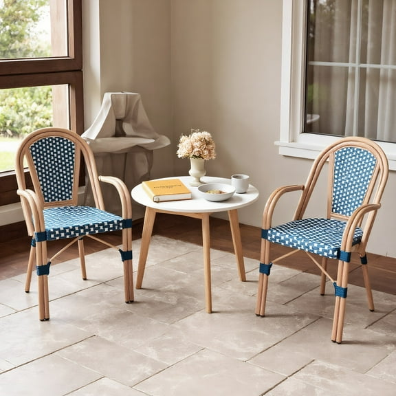 Resenkos Outdoor Dining Room Chairs, Patio Kitchen Chairs,Hand-Woven PE Wicker Outdoor French Bistro Chairs Set of 2-Blue