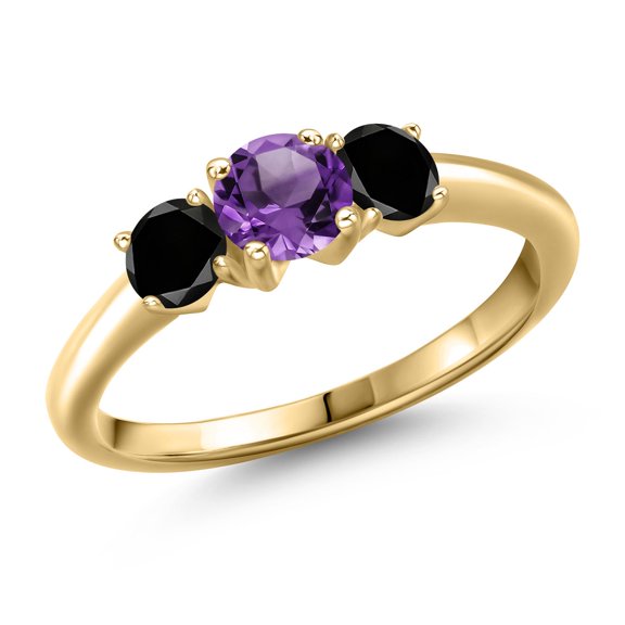 Gem Stone King 10K Yellow Gold Purple Amethyst and Black Diamond Engagement Ring for Women | 1.02 Cttw | Round 5MM | Gemstone February Birthstone | Size 5