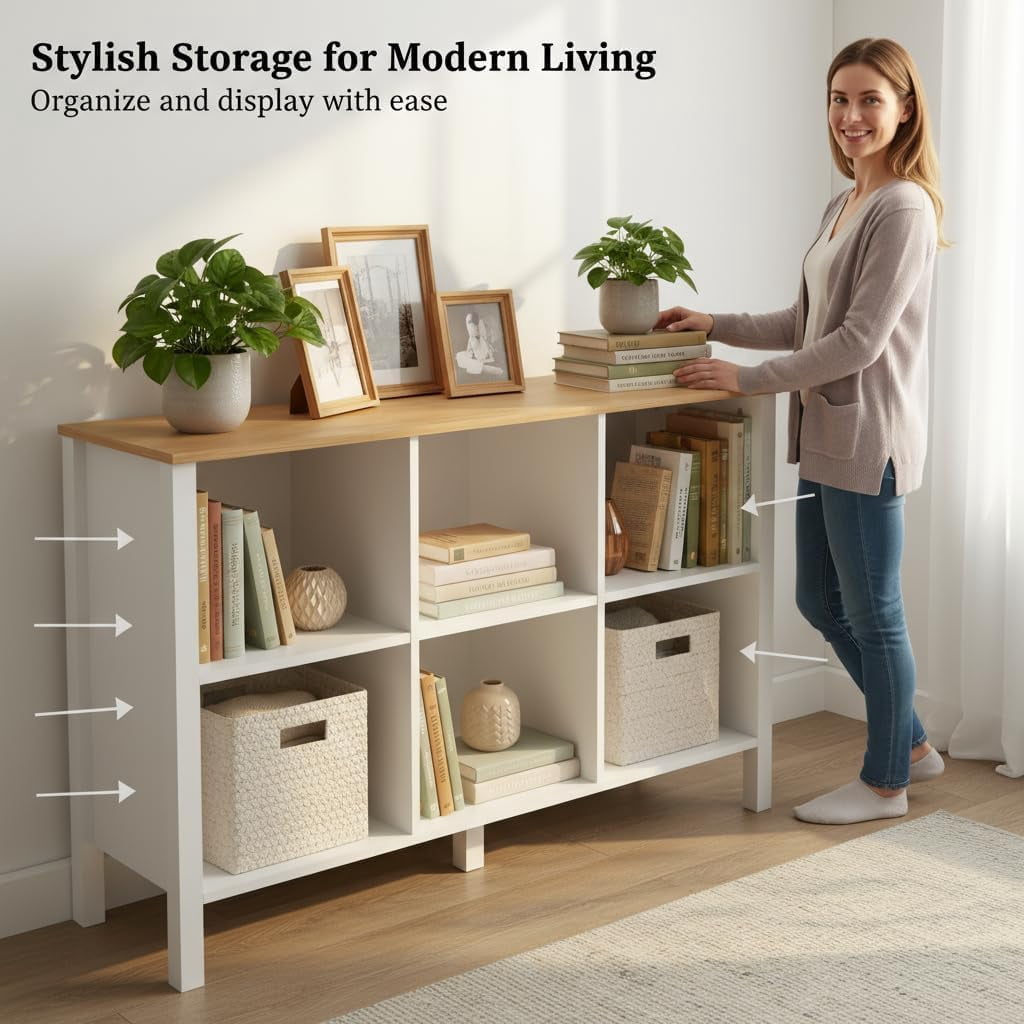NEWADARA 6-Cube Bookcase, Farmhouse Wooden Bookshelf Low Storage Organizer, 45" Horizontal White Console with Legs, Hallway Book Case for Entryway, Display Cabinet for Living Room (White, 6-Cube)
