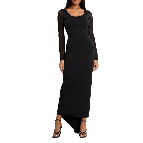 Musuos Women's Boydon Long Dress Black Long Mesh Sleeve U-Neck Open Back Ruched Dress Party Gown Evening Dress