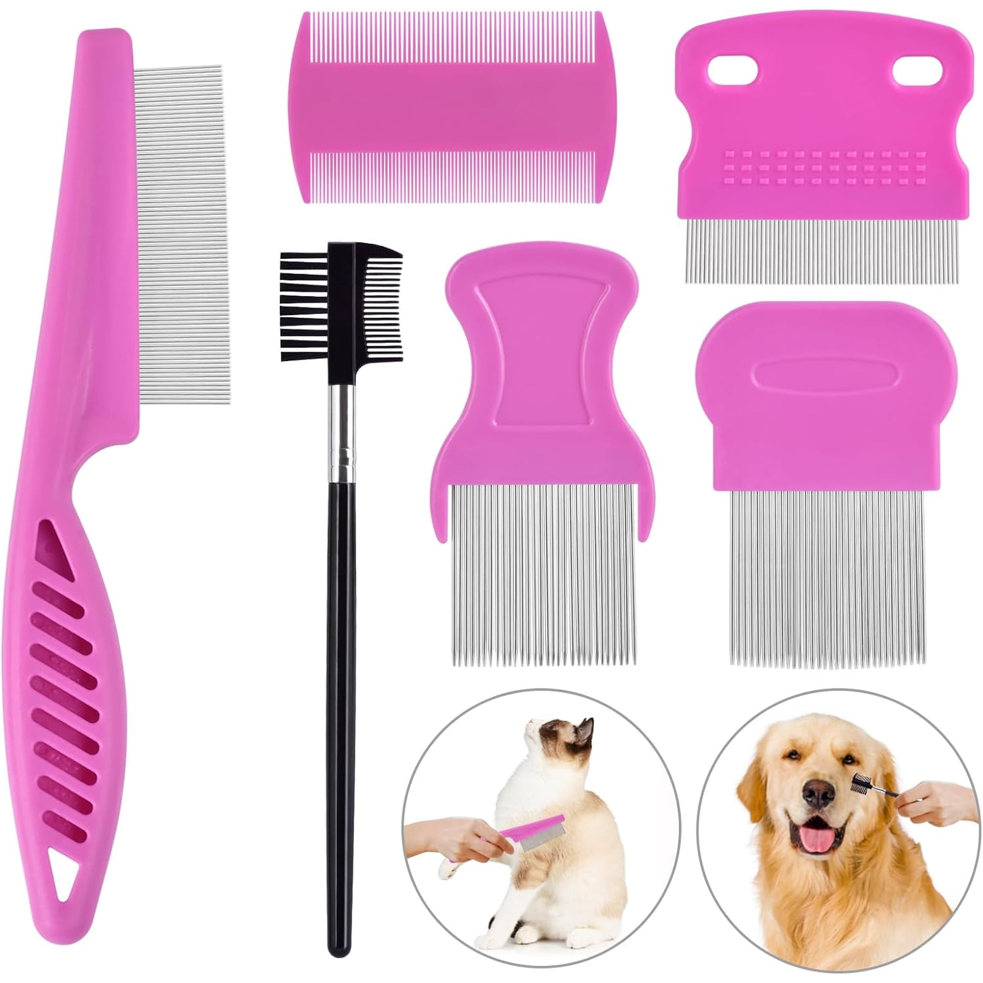6 Pack Flea Comb for Cats Dogs,Stainless Steel Dog Cat Grooming Combs With Rounded Teeth,Double-Sided Tear Stain Remover,Dematting Comb For Dogs Cats Ideal for Small, Medium & Large Pets (Pink)