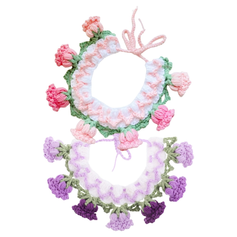 OHOIOLLA 2Pcs Knitted Cat Dog Collar with Bell Flower Design Adjustable Soft Crochet Scarf Bib