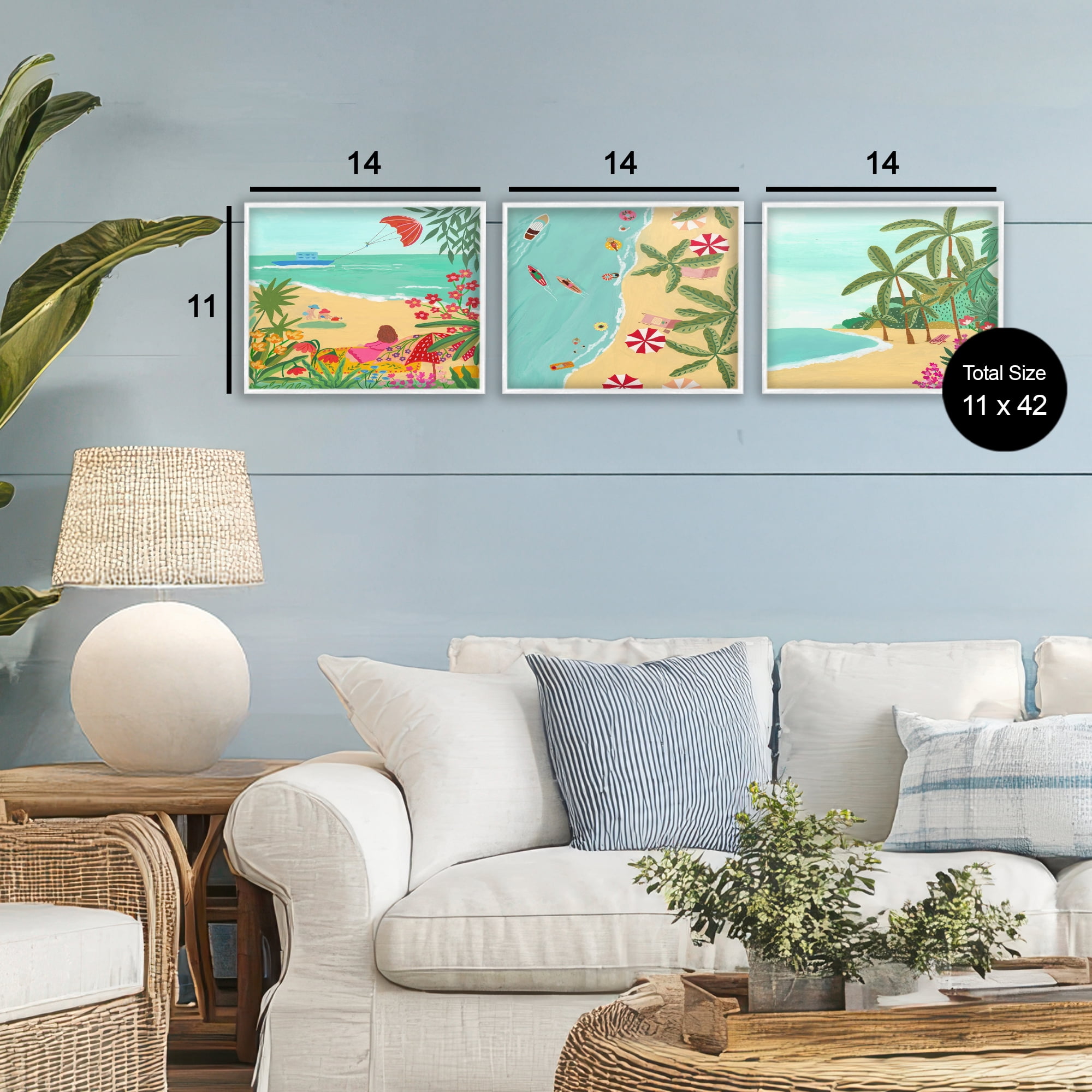 Busy Beach And Flowers 3 Piece White Framed Giclee Art Set, design by Nabeela Rumi