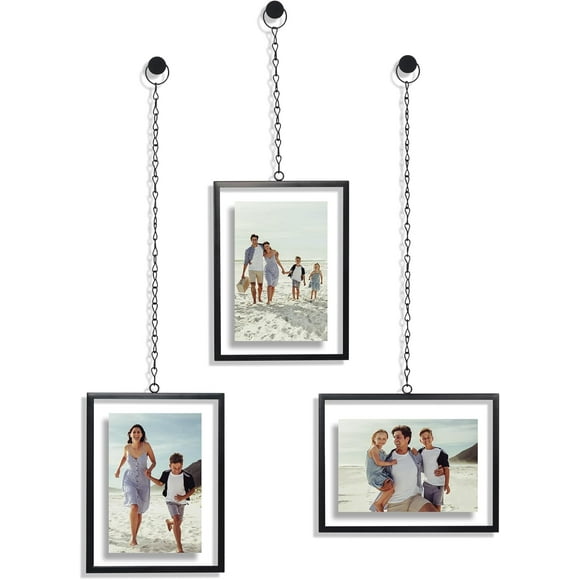 shiyou-Metal Floating Frame with Chain - Set of 3 - Use as 4x6 Picture Frame - Pressed Flower Display for Wall Decor - Elegant Black Molding with Shatter-Resistant Glass