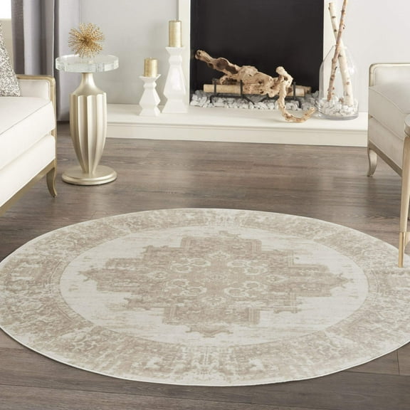 8' Ivory Floral Power Loom Round Rug