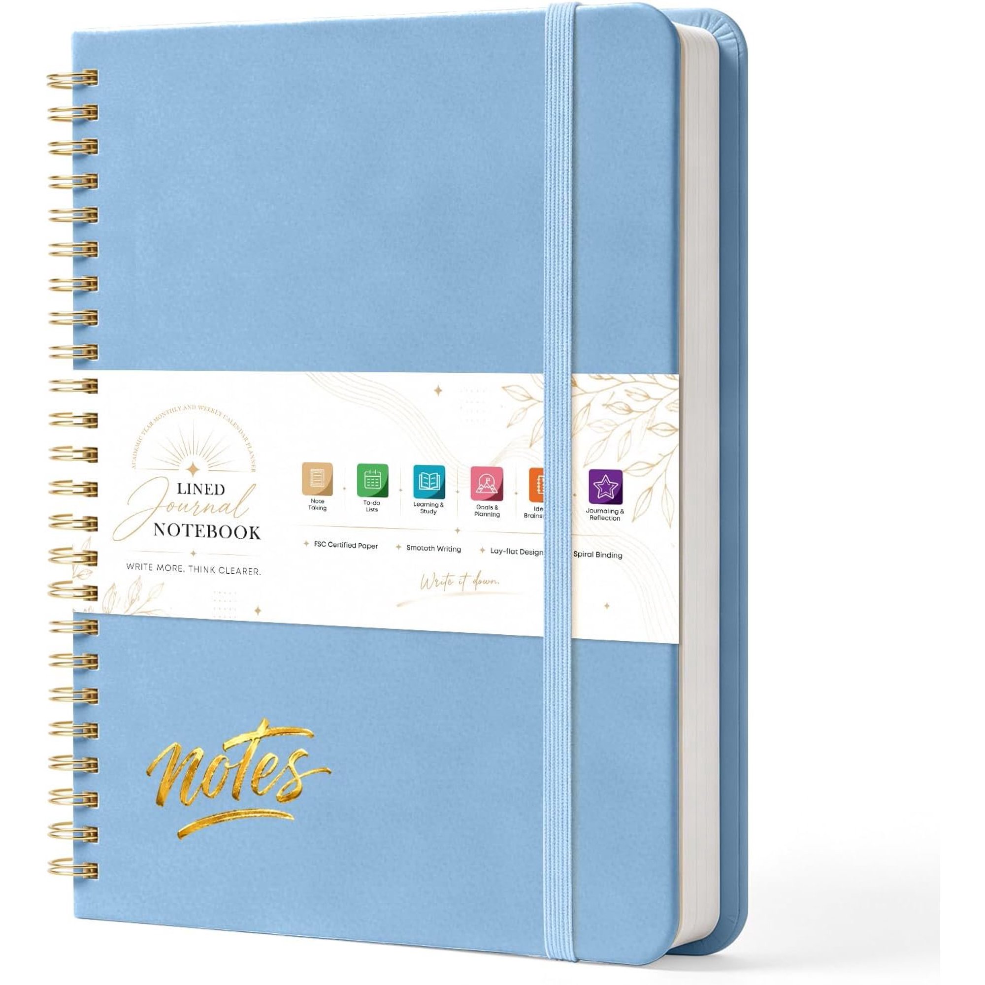 Lined Spiral College Ruled Journal Notebook 140 Pages A5(5.9 x 8.3 ) | Sky Blue Hardcover for Men & Women for Work & School Note taking Eye-Friendly Paper An inner pocket an elastic closure band