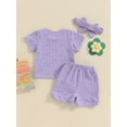 thumbnail image 5 of Musuos Toddler Girls Casual Shorts Set, 6 12 18 24M 3Y Solid Color Short Sleeve T-shirt with Elastic Waist Shorts with Hairband 3 Piece Summer Set, 5 of 10