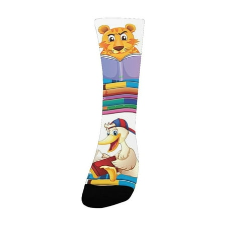 

Graduation Animals Reading Books Lion Monkey Duck Snake Tiger Fun Cartoon Mammals Design Multi Women s Custom Socks (Made In USA)