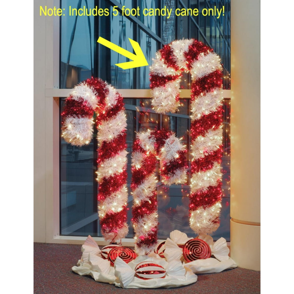 5' PreLit Tinsel Candy Cane Christmas Yard Art Clear and Red Lights