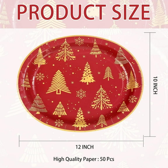 YUYAN-50 Pcs Christmas Oval Paper Plates 10" x 12" Large Red Xmas Trees Paper Plates Disposable Heavy Duty Gold Trees Snowflake Dessert Platters for Merry Christmas Holiday Dinner Party Decorations S