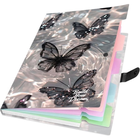 Cute Expanding File Folder - 5 Pockets Accordion Document Organizer, Waterproof Poly Plastic, A4/Letter Size for Office Home - Butterfly Pink