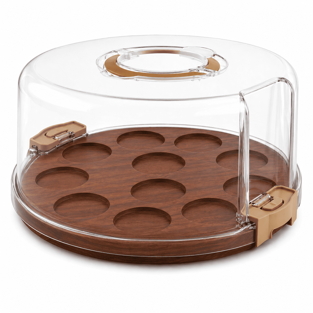Cook with Color Acacia Wood Cake and Cupcake Carrier with Reversible Tray and Locking Lid, Round, Ideal Use for Entertaining and Party Transportation