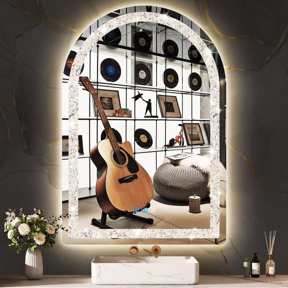 Crystal Diamond Frame LED Arch  32 x 24 Inch Mirror with Lights 3 Color AntiFog Lighted Mirror for Bathroom Wall Tabletop Desk Diamond Arched Vanity Mirror with Lights
