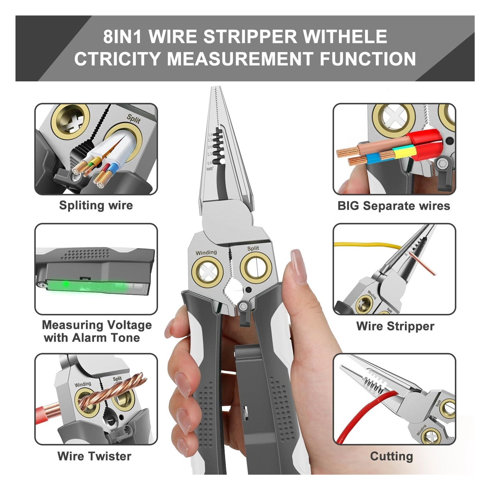 8-in-1 Wire Crimper Stripper with Voltage Detector & Dual Alarms - Heavy Duty 12-250V AC/DC Tester for Hot/Neutral Wires - Electrician, HVAC, Car Repair Tool