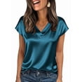 thumbnail image 3 of Women Silk Satin Tops Cap Short Sleeve Blouse V Neck Shirts Business Casual Outfits Blue XL, 3 of 7