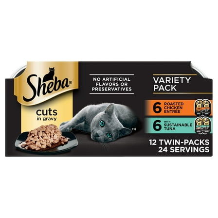 Sheba Wet Cat Food Cuts In Gravy Variety Pack, With Sustainable Tuna and Roasted Chicken Entree, (12) 2.6 oz Perfect Portions Twin-Pack Tray