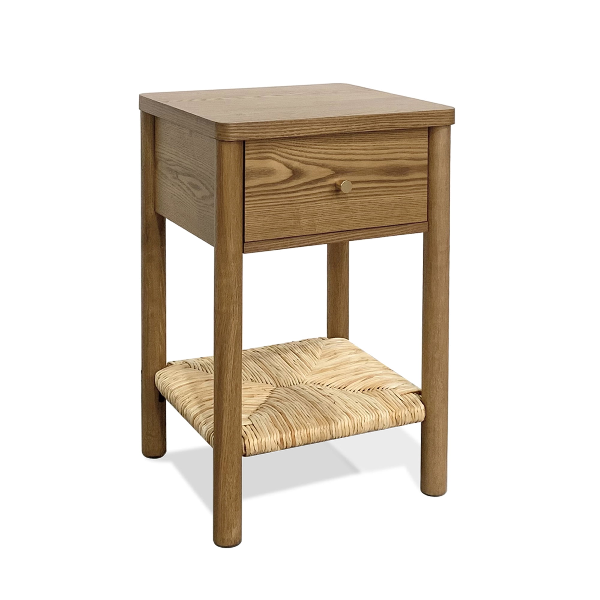 Leumius End Table with Rounded Edge Tabletop, Solid Wood Round Legs, Woven Jute Storage Shelf & Drawer, Nightstand for Bedroom Living Room Walnut