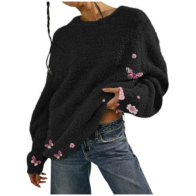 Bowake Sweaters for Women Oversized Long Sleeve Fuzzy Pullover Sweatshirts Winter Fashion Fleece Tops