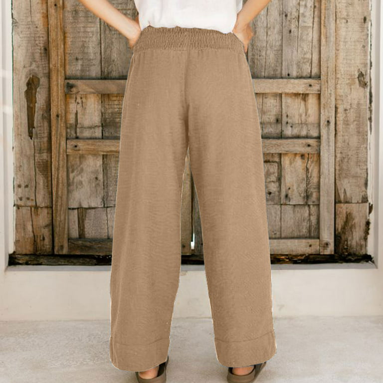 Cotton Linen Wide Leg Pants for Women Elastric High Waist Trousers