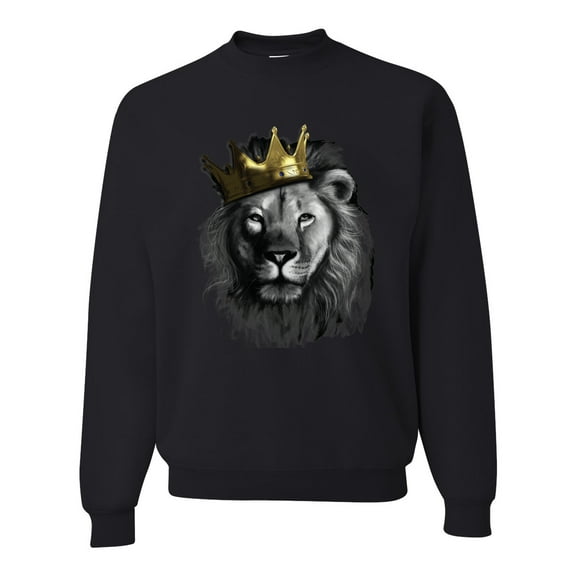 Wild Bobby, King Lion with Gold Crown Art, Animal Lover, Unisex Crewneck Graphic Sweatshirt, Black, Small