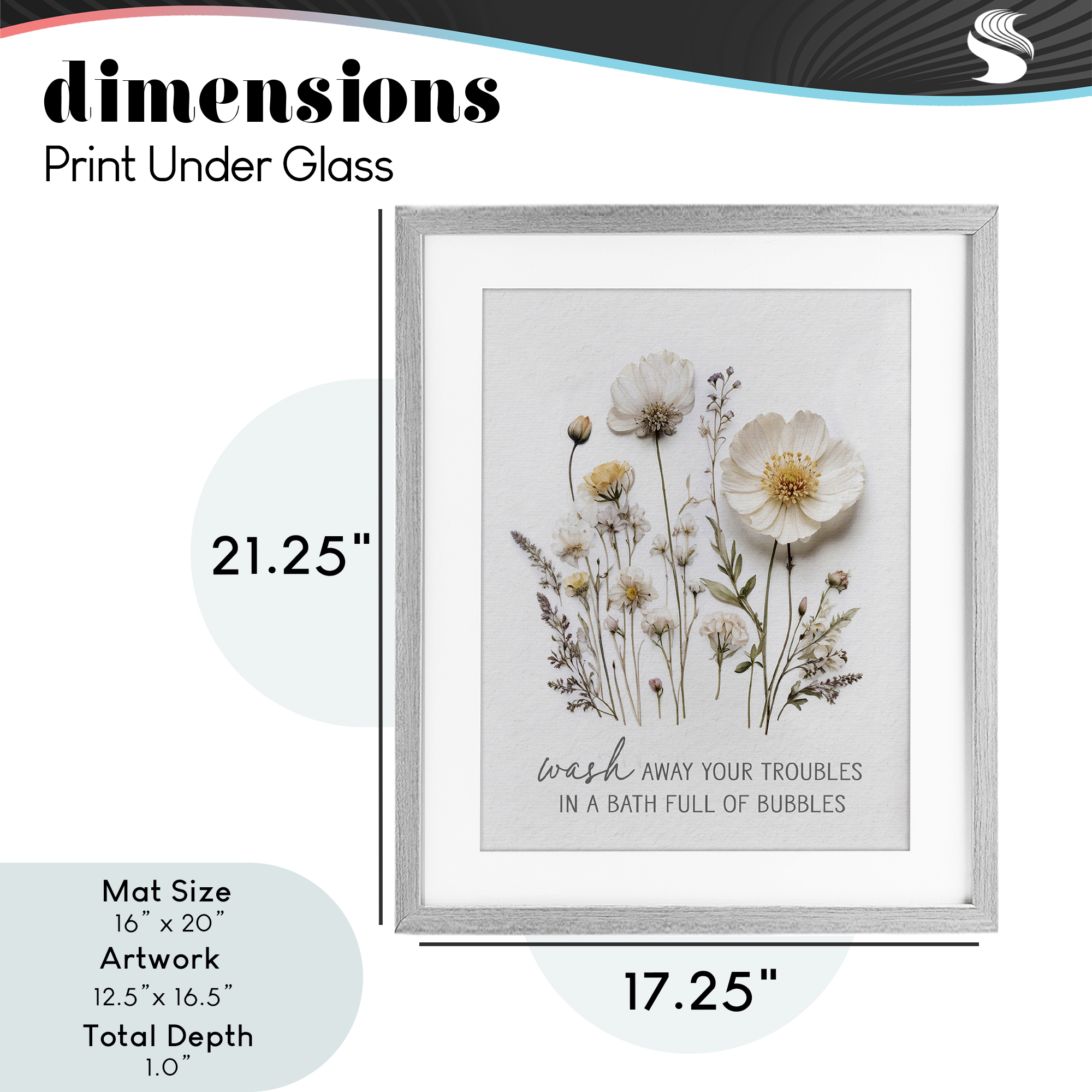 Pressed Flowers Wash Away Troubles Gray Framed Print Under Glass, design by Lettered and Lined