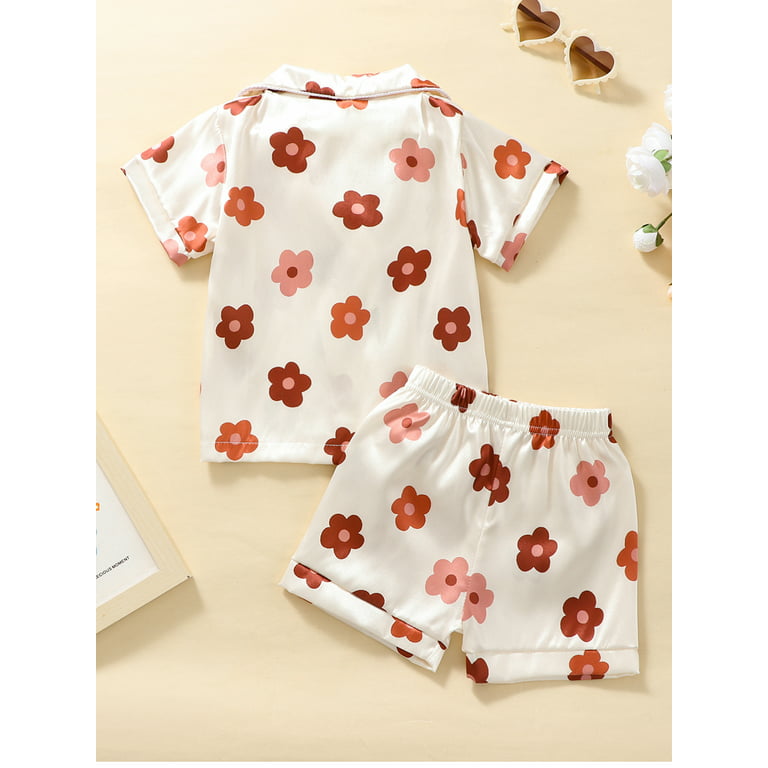 CenturyX Toddler Baby Girls Floral Silk Pajamas Short Sleeve Button-Up Top  Shorts Summer 2PC Flowers Satin Pajamas Set
