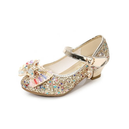 

Wazshop Kids Dress Shoes Bow Mary Jane Sandals Glitter Princess Shoe Non-slip Sparkling Girl s Ankle Strap Comfort Gold 7C