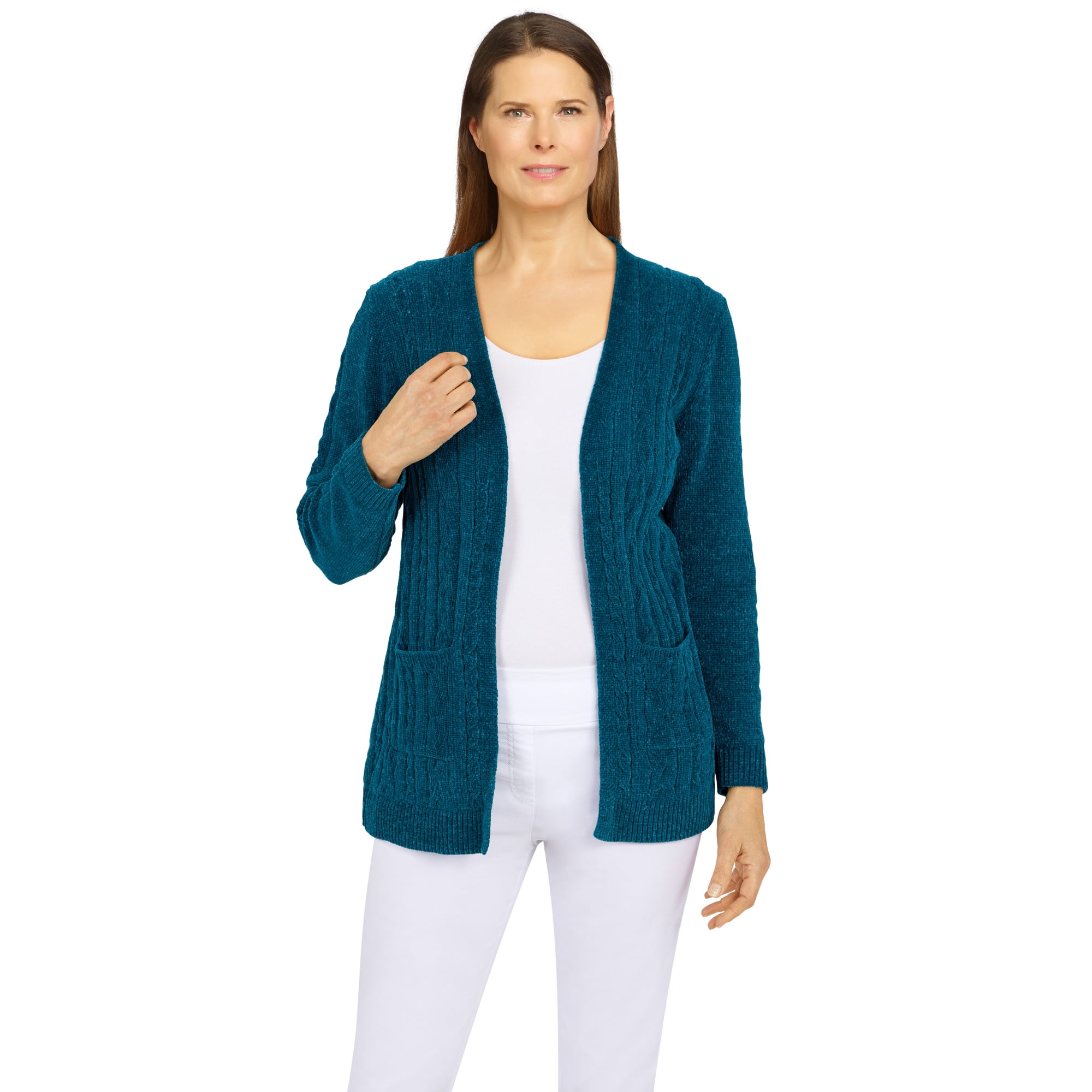 Alfred Dunner Womens Open Front Chenille Cardigan With Pockets