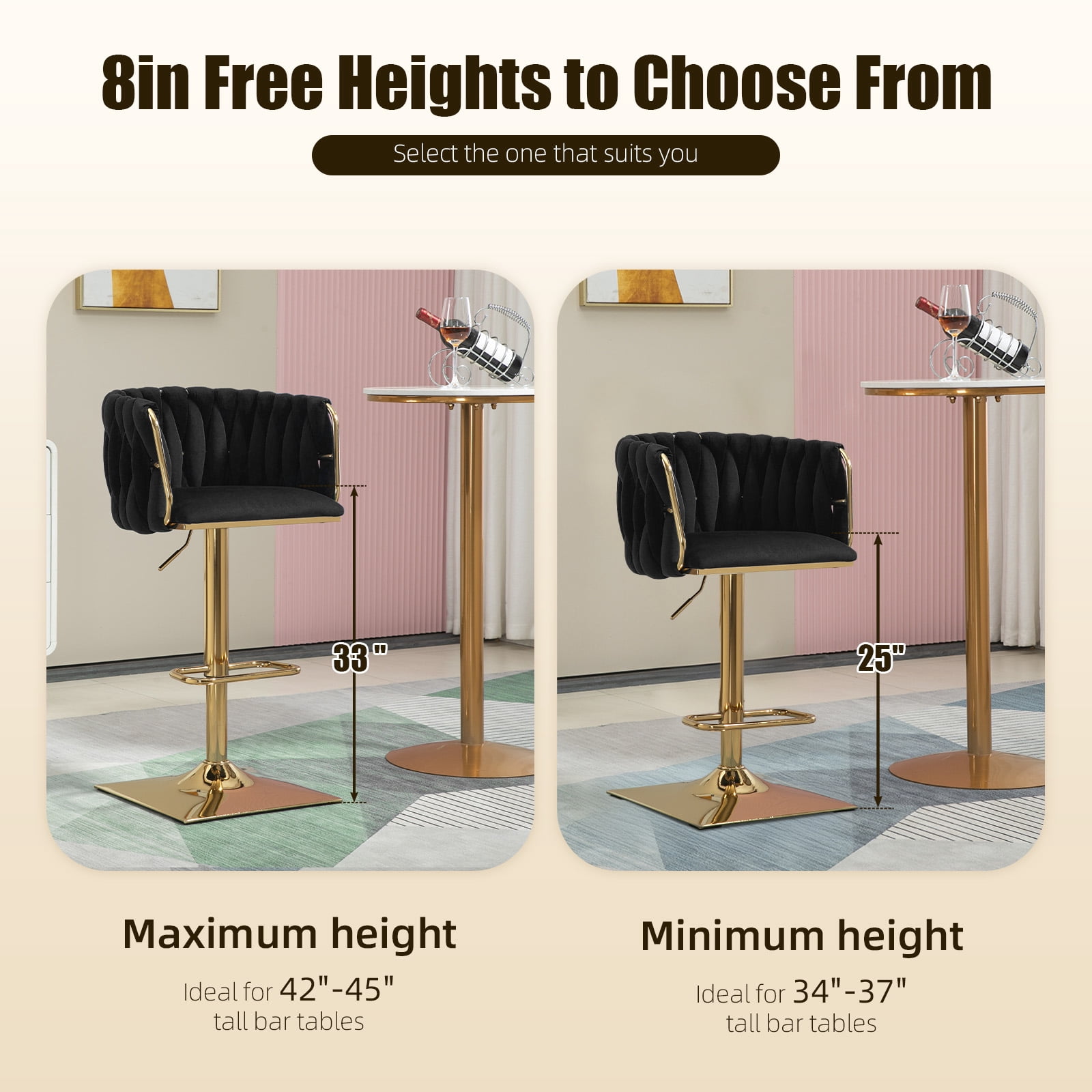 Homefun Velvet Bar Stools Set of 2,Modern Height Adjustable Swivel Barstools Counter Chairs with High Back & Gold Metal Base