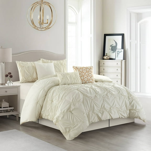 Lanco Pintuck 7 Piece Comforter Set White, Bed Size Queen, 100% Polyester Fill
