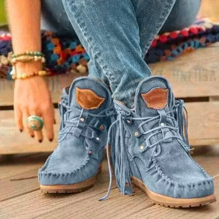 

Zedker Winter Boots Women Platform Chunky Boots Fashion Flat Heel Round Toe Fringed Boots Lace-Up Women s Short Boots Platform Nude Boots
