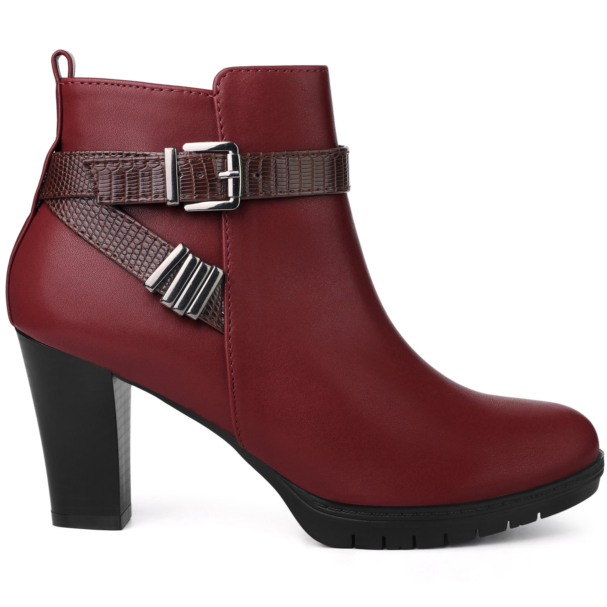 Unique Bargains Platform Block Heel Boots Buckle Ankle Boots for Women Burgundy 6.5