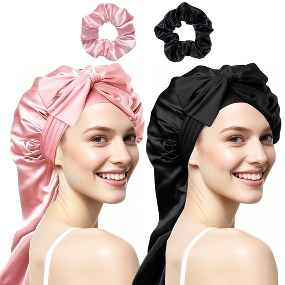 GIRACOA 2 PCS Silk Hair Bonnets for Long Hair – Extra Long Shower Cap for Curls & Braids, Bonus 2 Headbands (Total 4 Pieces)
