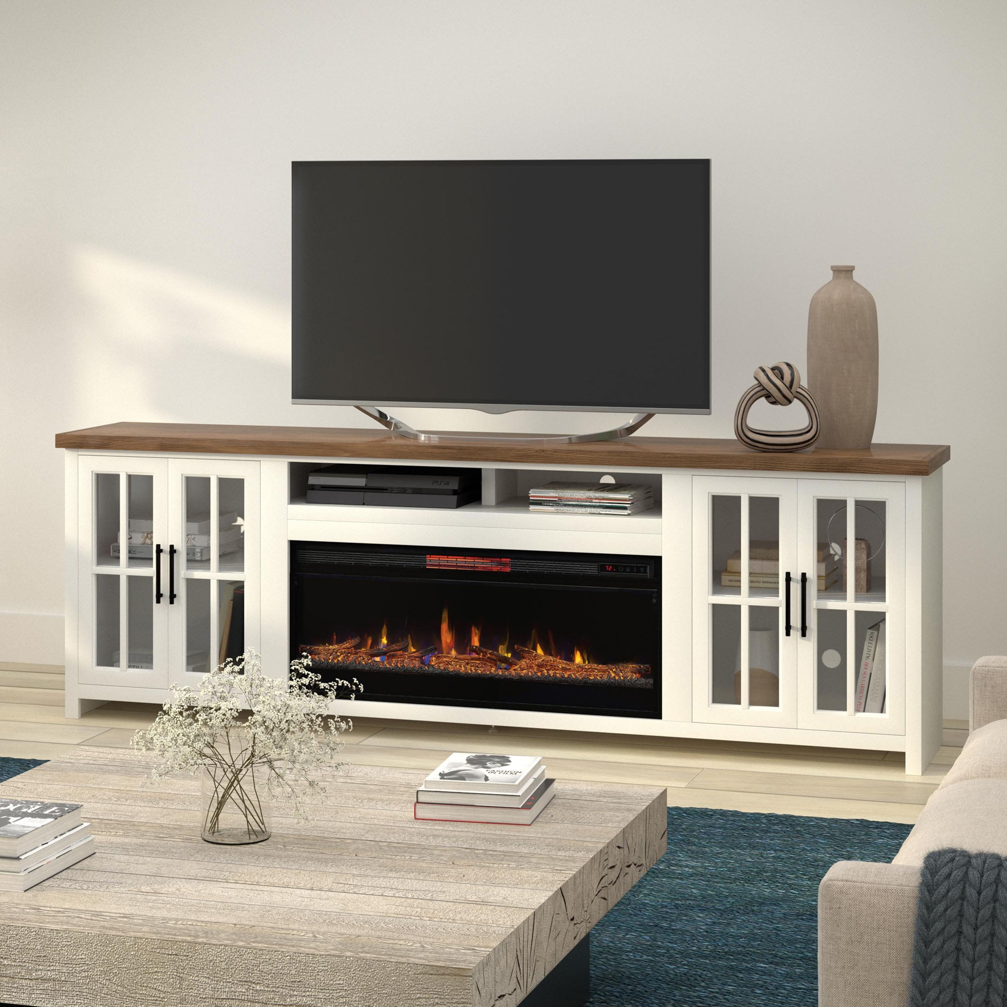 Modern Farmhouse 85 Inch Tv Stand With Electric Fireplace Included