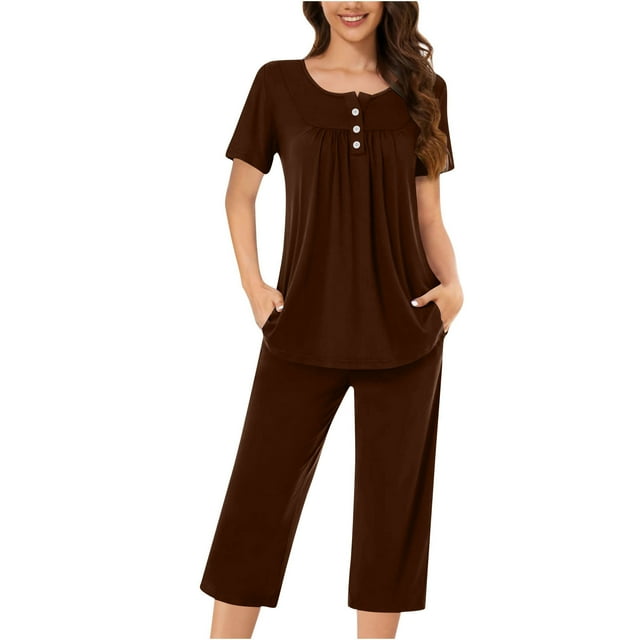 Yuyuzo Pyjamas pour Femmes Ensembles Manches Courtes Col Rond Plissé Haut Tunique Pantalons Capri avec Poches Pjs Ensembles Loungewear