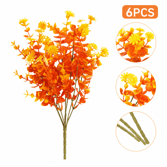 6Pcs Artificial Autumn Plants, 13.8in Faux Greenery Bushes, Fall Decorative Silk Flowers for Indoor and Outdoor, UV Resistant Plastic Shrubs