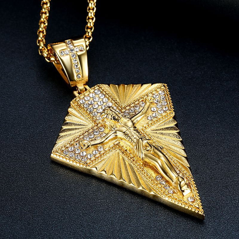 Men's Necklace Big Jesus Cross Pendant & Chain Mens 14K Yellow Gold Crucifix Necklaces Man Iced Out Bling Jewelry