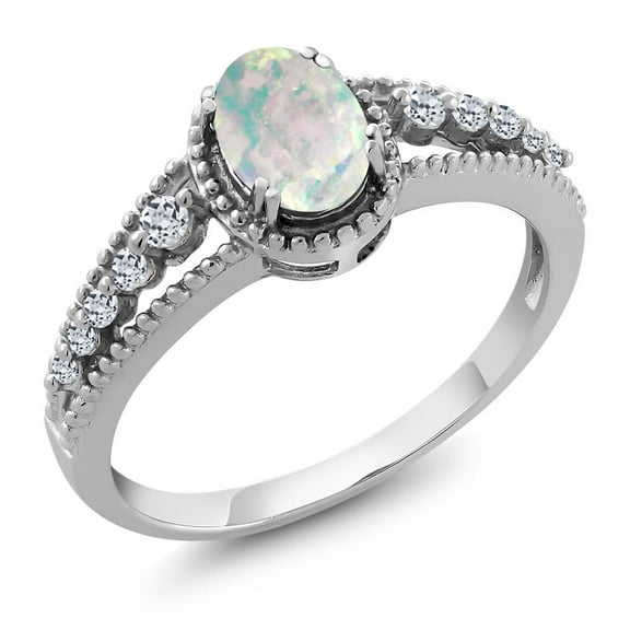 Gem Stone King 925 Sterling Silver White Simulated Opal and White Topaz Engagement Ring for Women (1.21 Cttw, Oval Cabochon 7X5MM, Available 5,6,7,8,9)