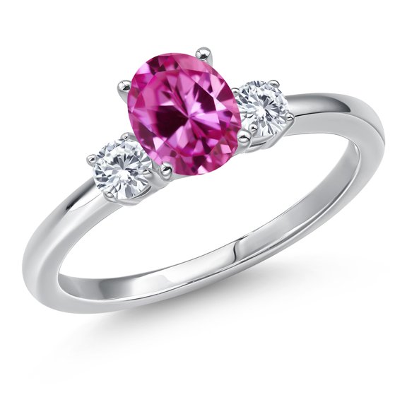 Gem Stone King 14K White Gold Pink Created Sapphire and Moissanite Engagement Ring for Women | 1.10 Cttw | Oval 7X5MM | Gemstone September Birthstone | Size 9