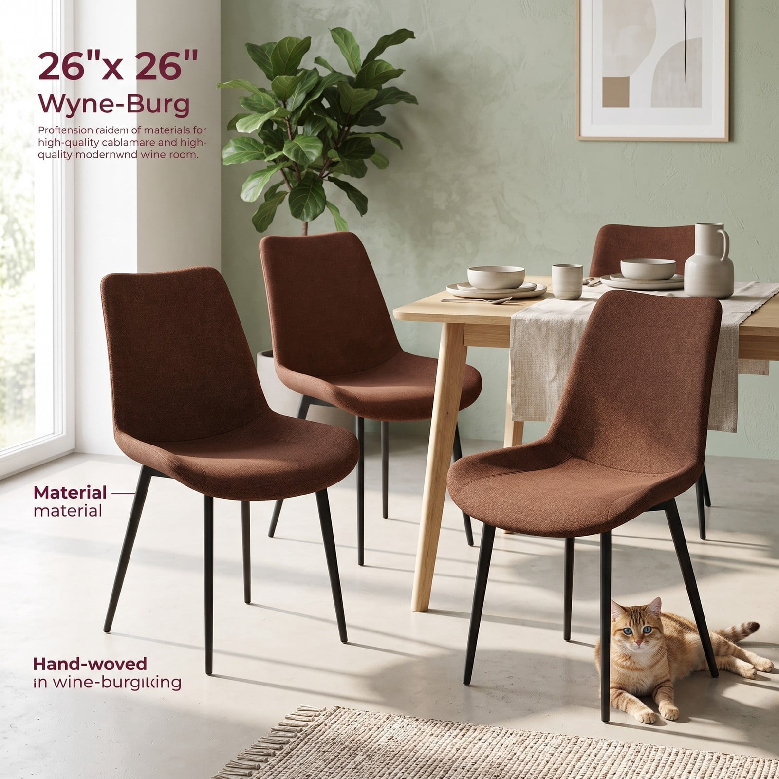 Furnibear Set of 4 Upholstered Dining Chairs with Metal Legs, Faux Linen Padded Back Kitchen Side Chairs, Ergonomic Armless Accent Chairs for Dining Room Living, Brown