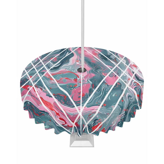 Fsddascl Grey Pink Outdoor Tablecloth - 54 Inch Round Dining Table Cover, Modern Geometric Marble Abstract Art Waterproof Outdoor Table Cloth with Umbrella Hole & Zipper for Picnic/Patio/Party