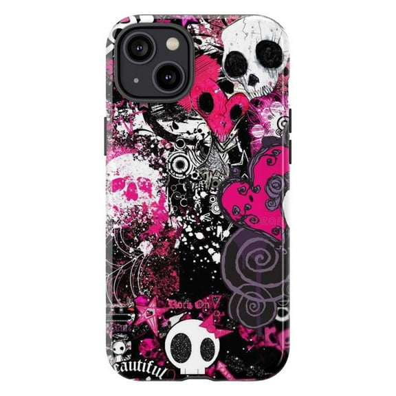 Y2K Emo Skull Phone Case, Pink Grunge Heart and Graffiti Collage iPhone Cover, Punk Rock Gothic Protective Case for iPhone 17 16 15 14 13 12 11 Pro Plus Mini