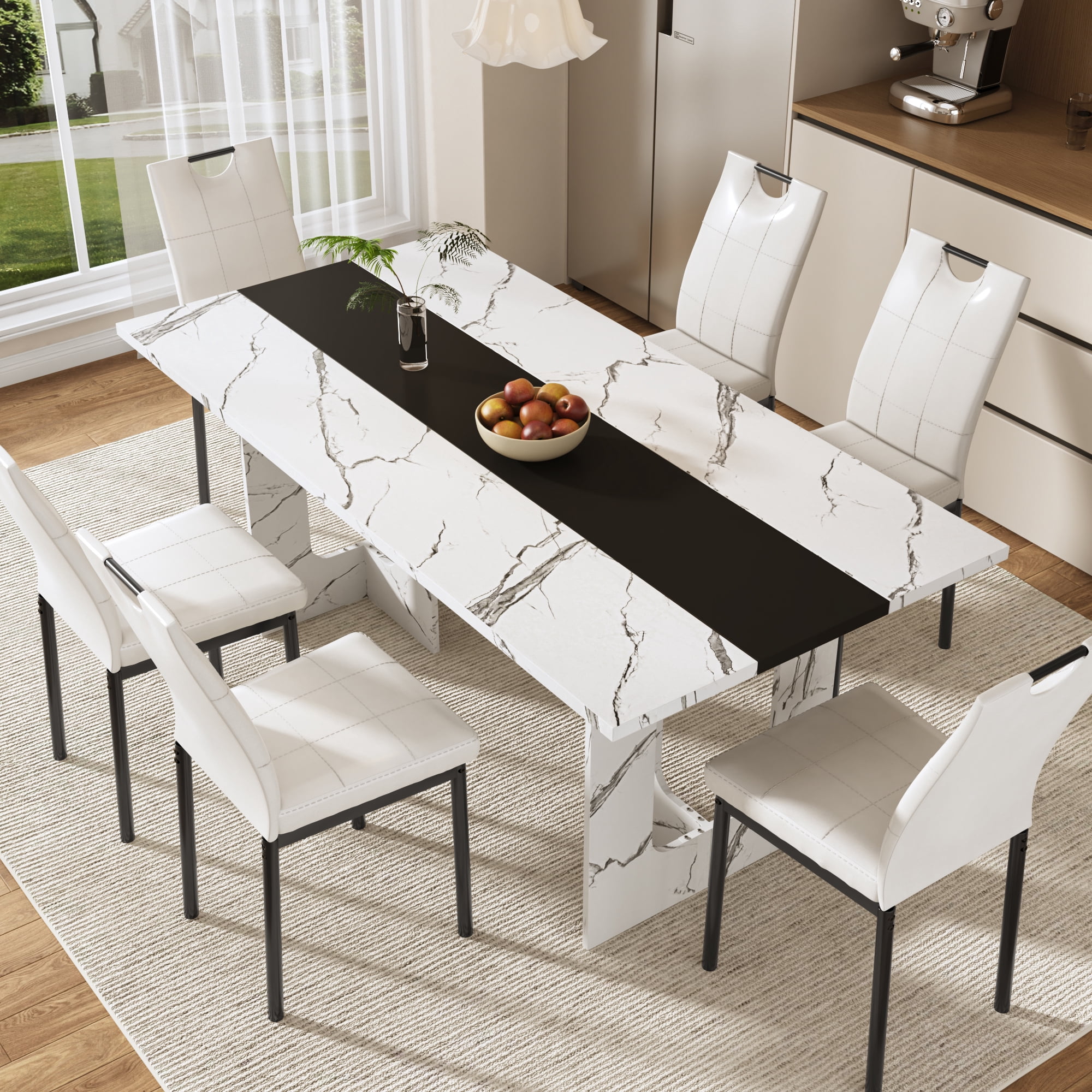ANPOO 7 Piece Dining Table Set with 6 Chairs, 71" Kitchen Table & Chairs Set for 4-8 People, Rectangle Dining Table with Wooden Legs for Dining Room, Living Room