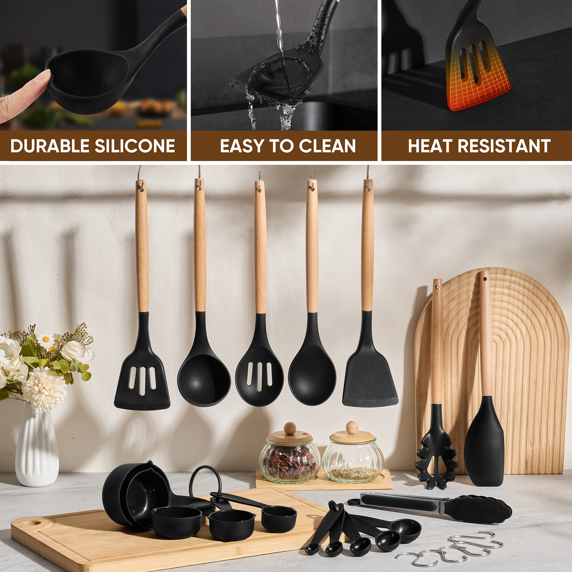 Vesteel 43-Piece Kitchen Knife and Utensil Set, High Carbon Stainless Steel Kitchen Knives with Silicone Cooking Utensils, Non-Stick Cookware, Ultra-sharp & Rust