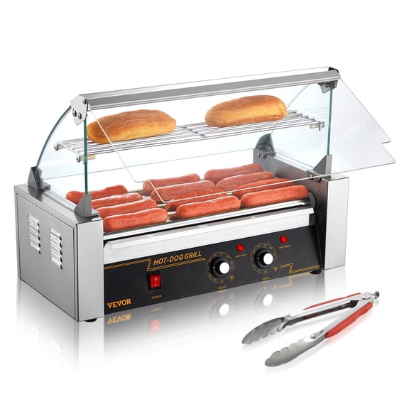 Stainless Steel Hot Dog Grill Machine with 5 Rollers, 750W, Dual Temp Control, Glass Hood, Bun Warmer & Removable Drip Tray, ETL Certified