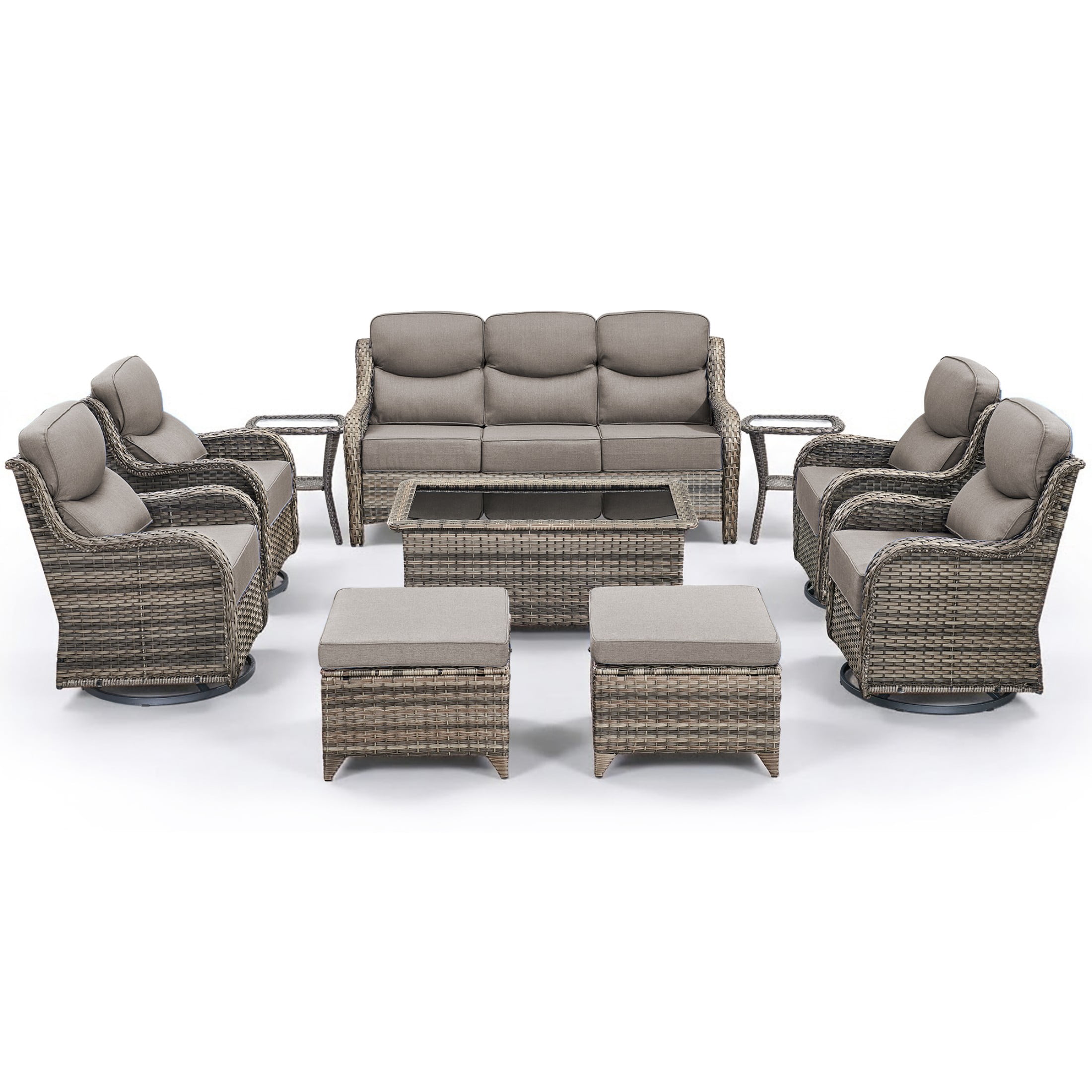 Unnifurnzi 10 Pieces Wicker Outdoor Furniture-Outdoor Swivel Chairs Set of 4 with 6 Inch Thick Cushions Outdoor Couch with Outdoor Ottoman Patio Furniture Set for Deck Porch Poolside-Gray/Gray