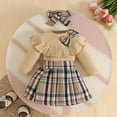 thumbnail image 4 of SYMOID Kids Girl Khaki 3-Piece Outfit Set - Soft Cotton Top with Ruffles, Plaid Skirt & Matching Bow Headband, Sweet Preppy Style for 6-36 Months,Size 12 Months, 4 of 9