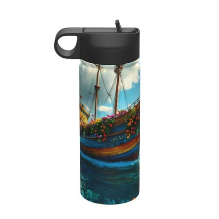 

Qekee Floral Ship On Ocean Print 18OZ Sports Insulated Kettle Coffee Mug Travel Tea Mug Thermos Cup 18 Stainless Steel Water Bottle For Running Hiking Cycling